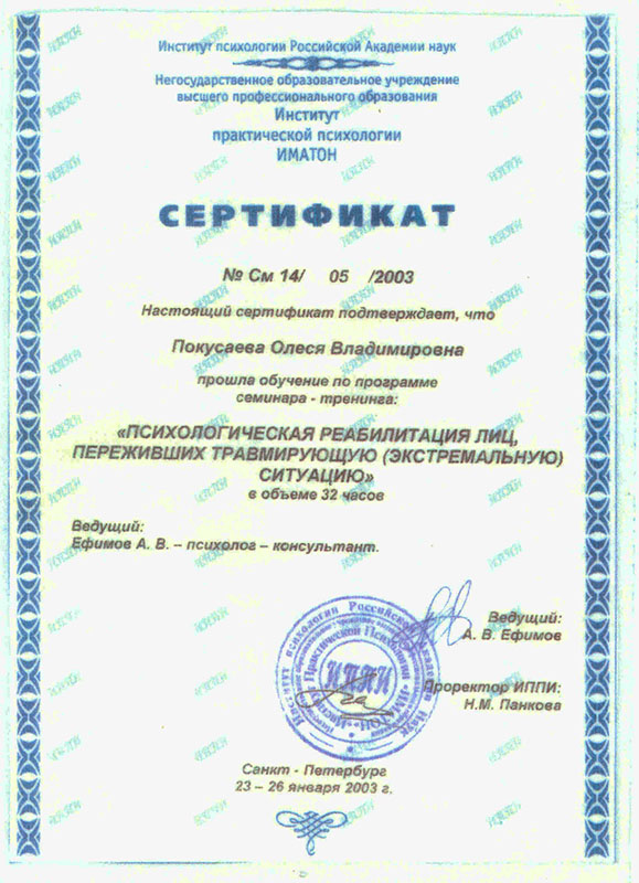 сертификат 2003 года